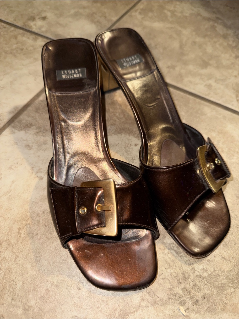 Vintage Stuart Weitzman Patent Leather Buckle Mules - Made in Spain